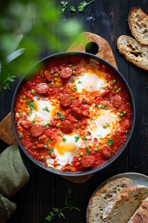 Baked eggs and chorizo - Spanish inspired Huevos a la Flamenca | Soulful And Healthy Spanish Eggs Breakfast, Eggs And Chorizo, Spanish Baked Eggs, Spanish Eggs, Freeze Greens, Couscous Salad, Green Peas, Baked Eggs, So Yummy