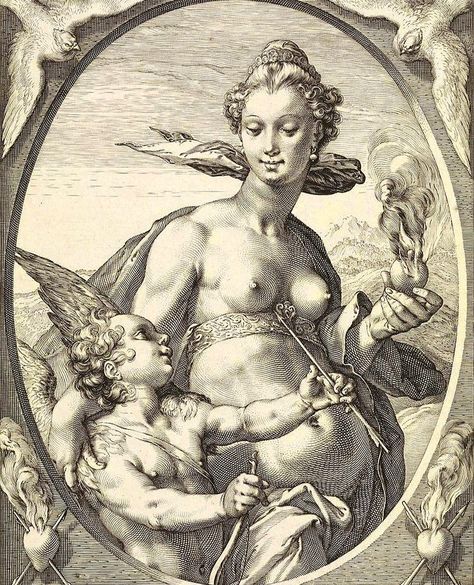 Artist: Hendrick Goltzius 1596 Hendrick Goltzius, Venus And Cupid, Crossed Arrows, Flaming Heart, An Arrow, The Shepherd, Adam And Eve, Museum Collection, British Museum