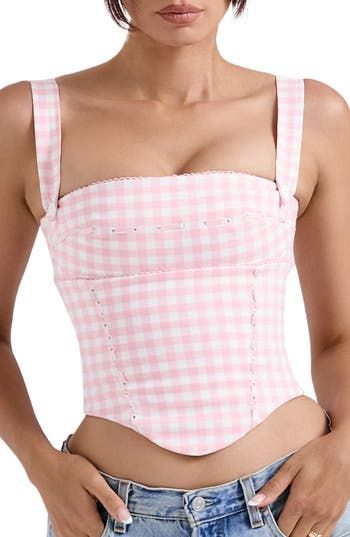 This cute corset top done up in pink gingham has a boned bodice to give you an hourglass shape. Back hook-and-eye closure Square neck Sleeveless 77% viscose, 21% polyester, 2% elastane with 95% polyester, 5% elastane contrast Dry clean Imported Gingham Corset, Summer Sweets, Y2k Outfit Ideas, Cropped Camisole, Middle Age Fashion, Backless Crop Top, Plaid Outfits, Lace Straps, Strap Tops