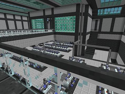 Minecraft Lab Building, Minecraft Building Ideas Laboratory, Minecraft Mad Scientist Lab, Minecraft Modded Build, Modded Minecraft Base, Minecraft Science Lab Build, Factory Design Minecraft, Minecraft Vault Interior, Minecraft Futuristic Base Interior