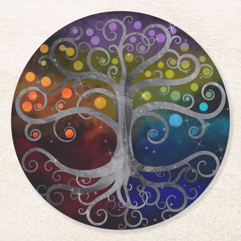 Tree of life Silver Swirl Round Paper Coaster | Zazzle.com Mosaic Tree Of Life Pattern, Tree Of Life Resin Art, Tree Of Life Colorful, Tree Of Life Yoga Art, Cosmic Tree Of Life, Tree Of Life Painting, Tree Of Life Art, Mandala Rocks, Ceramic Knobs