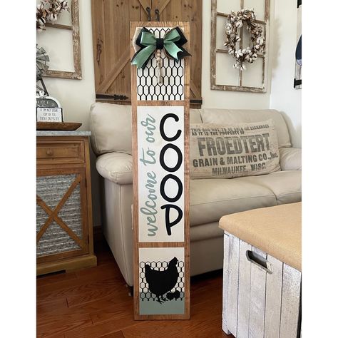 Welcome guests to your home with the charming Welcome to our Coop large wood painted porch leaner. This unique piece measures 9.5" x 48" and has been sealed making it perfect for both indoor and outdoor use in covered areas. The intentionally distressed and hand-painted design, complete with bows and wood beads accents, adds a touch of rustic charm to any space. Each leaner is one of a kind, making it a special and personalized way to greet visitors. Welcome To Grandmas House Sign, Welcome To The Coop Sign, Chicken Porch Sign, Fall Leaner Boards, Welcome To Our Coop Sign, Fall Signs Wooden Porch, Spring Porch Signs, Porch Sign Ideas, Porch Decor Diy