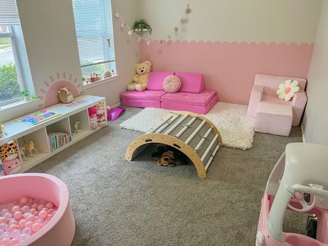 Pink playroom, with a ball pit, nugget, 2-1 slide chair from sams club, lily and river, little tikes pink car, Montessori play room with scalloped wall Montessori Play Room, Pink Playroom, Montessori Playroom, Pink Carpet, Playroom Ideas, Little Tikes, Pink Car, Ball Pit, Sams Club