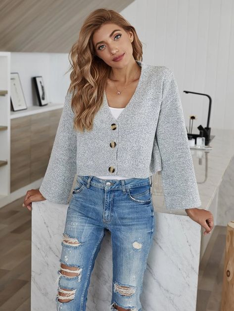 Heather Gray Button Up Crop Cardigan | SHEIN USA Short Cardigan Outfit Winter, Short Cardigan Outfit, Grey Cardigan Outfit, Cardigan Outfit Casual, Cropped Cardigan Outfit, Crop Cardigan Outfit, Outfits With Grey Cardigan, Winter Cardigan Outfit, Casual Outfits For Moms