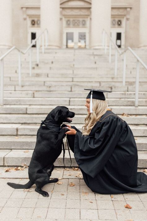 Dog And Owner Graduation Pictures, Dog Cap And Gown, Puppy Graduation Pictures, Grad Photoshoot With Dog, College Grad Pics With Dog, Dog Grad Pics, College Graduation Pictures Dog, Winter Grad Photos, Unique Senior Picture Ideas With Dogs