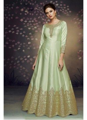 Buy Peach Resham Ceremonial Readymade Suit Online Silk Anarkali Gown, Floor Length Anarkali, Light Sea Green, Silk Anarkali, Long Green Dress, Party Wear Gown, Designer Anarkali, Anarkali Gown, Wedding Dresses For Girls