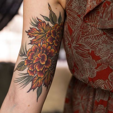 Fall Leaves And Flowers Tattoo, Fall Arm Sleeve Tattoos, Marigold Sleeve Tattoo, Halloween Fall Tattoo, Fall Sleeve Tattoo, Fall Floral Tattoo, Fall Flowers Tattoo, Fall Flower Tattoo, Fall Tattoo Ideas Autumn