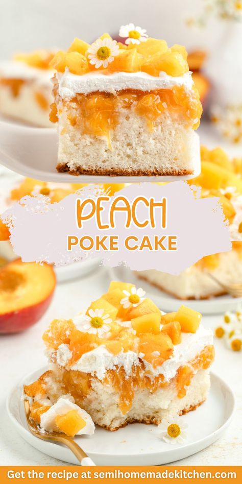 This peach poke cake is a simple and delicious dessert made with a vanilla cake mix, peach pie filling, and whipped topping. Perfect for any occasion, it's easy to make and bursting with peach flavor. Cake Mix And Peaches Recipes, Peach Pie Filling Cake Mix Recipe, Vanilla Cake With Peach Filling, Peach Poke Cake Recipes, Peach Poke Cake, Peach Layer Cake Recipe, Worm Cake, Quick Summer Desserts, Peach Desserts Easy