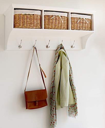 Tetbury White Coat Hanger with 3 natural wicker baskets. Hallway storage hanging shelf with hooks. Quality hallway basket storage : Amazon.co.uk: Home & Kitchen White Hanging Shelves, Coat Hooks Hallway, Hallway Shelving, White Coat Rack, Hallway Shelf, Coat Rack With Storage, Storage Bench With Cushion, Coat Storage, Downstairs Toilet