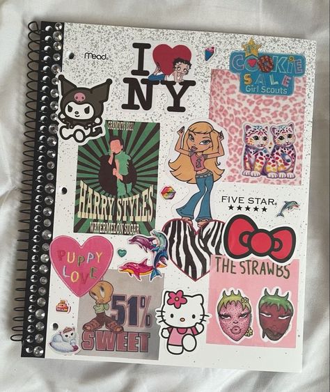 @hellomlady ‘s pic Scrapbook Journal Cover, Y2k Notebook, School Notebook Cover, Journal Cover Inspo, Notebook With Stickers, Sketch Book Cover, Paznokcie Hello Kitty, Notebook Cover Design, Bulletin Journal Ideas