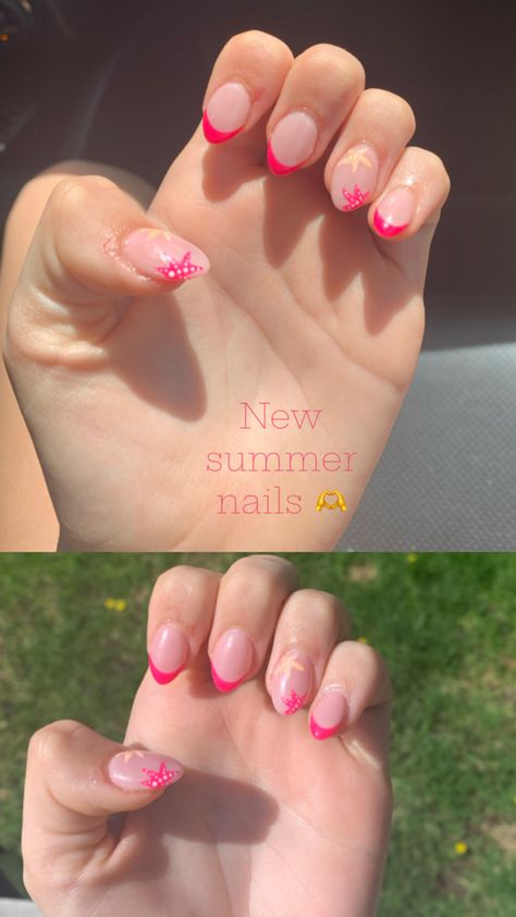 Starfish, French tipped nails Nails For Lanzarote, Starfish French Tip Nails, Cute Summer Gel Nails, Summer Nails Starfish, French Tipped Nails, Starfish Nail Art, Starfish Nails, Tipped Nails, Summer Gel Nails