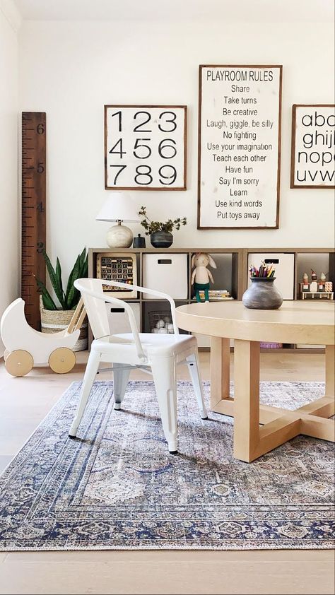 Boys Playroom Table, Playroom Modern Farmhouse, Farmhouse Playroom Decor, Modern Farmhouse Toy Room, Playroom Decor Neutral, Neutral Color Playroom, Neutral Minimalist Playroom, White And Grey Playroom, Kids Toy Room Design