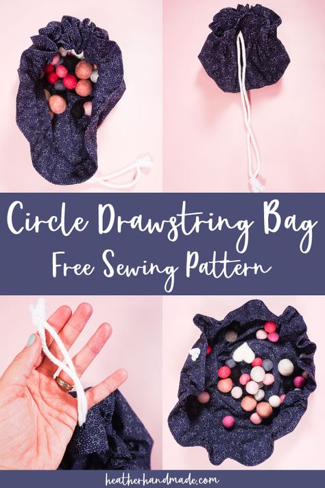 Free Circle Drawstring Bag Pattern • Heather Handmade Drawstring Bag Diy, Advanced Sewing Projects, Drawstring Bag Pattern, Purse Sewing Patterns, Bag Pattern Free, Sewing Tutorials Free, Sewing Purses, Small Sewing Projects, Sewing Blogs