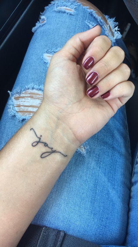 My joy tattoo :-) Joyful Tattoo Ideas, Joy Wrist Tattoo, Joy Tattoos For Women, Joy Comes In The Morning Tattoo, Joyful Tattoo, Choose Joy Tattoo, Joy Tattoo Ideas, Knitting Tattoos, Believe Wrist Tattoo