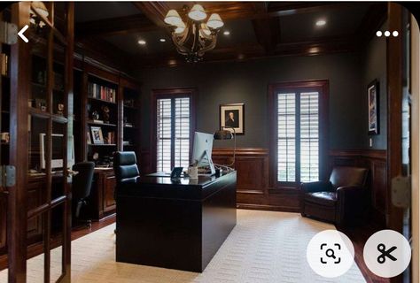 Dark Wood Office, Gentlemans Room, Home Office Dark, Dark And Moody Interiors, Dark Wood Trim, Best Interior Design Websites, Interior Window Shutters, Cozy Interior Design, Interior Shutters