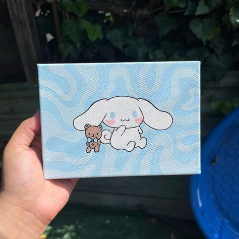 cinnamoroll 🧸 - 5x7 stretched canvas - (sold) - i think the pastel colors really stood out to me in this piece and excited to be creating more pieces like this one! - #art #artist #acrylicpainting #painting #canvas #smallbusiness #artsy #cinnamoroll #sanrio Cinnamoroll Painting, Cinnamoroll Art, Sanrio Painting, Cinnamoroll Sanrio, Cozy Desk, Easy Canvas, Easy Canvas Art, Gouache Art, Cartoon Painting