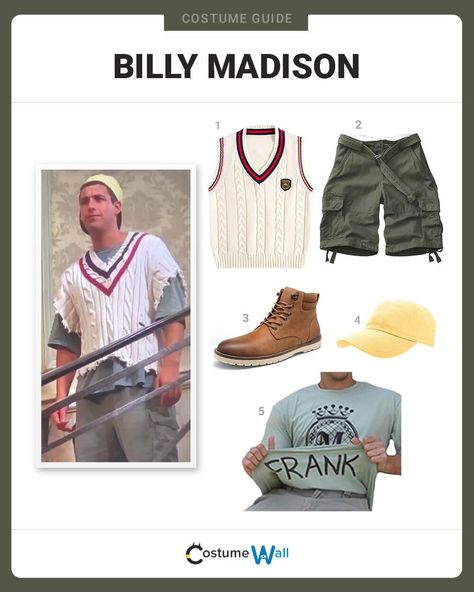 Billy Madison Costume Billy Madison Costume, Adam Sandler Party, Yellow Baseball Cap, Billy Madison, Got Costumes, Costume Guide, Knitted Sweater Vest, Comedy Film, Preppy Sweater