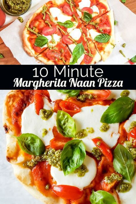 Margarita Naan Pizza, Margherita Naan Pizza, Basil Pesto Flatbread Pizza, Margarita Pizza On Naan Bread, Naan Margarita Pizza, Nan Bread Recipe Dinners, Nan Pizza Recipes, Vegetarian Naan Recipes, Nan Bread Ideas