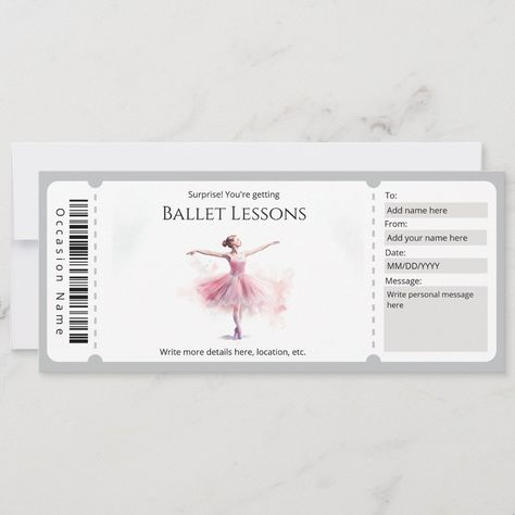 Ballet Class Gift Certificate Template Night At The Ballet, Gift Template, Ballet Lessons, Ballet Birthday, Ballet Gift, Ticket Design, Gift Certificate Template, Class Gift, Ballet Class