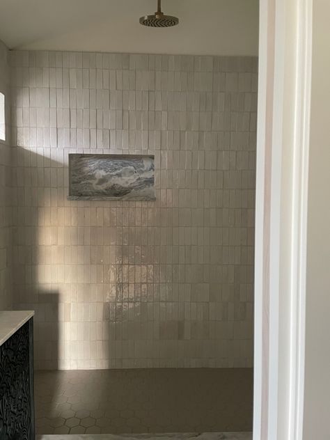 Plaster And Tile Bathroom, Large Zellige Tile, Zellige Shower Niche, Zellige Tile Bathroom Floor, Zellige Tile Shower Niche, Vertical Zellige Tile, Horizontal Bathroom Tile, Square Shower Tile, Zellige Tile Fireplace