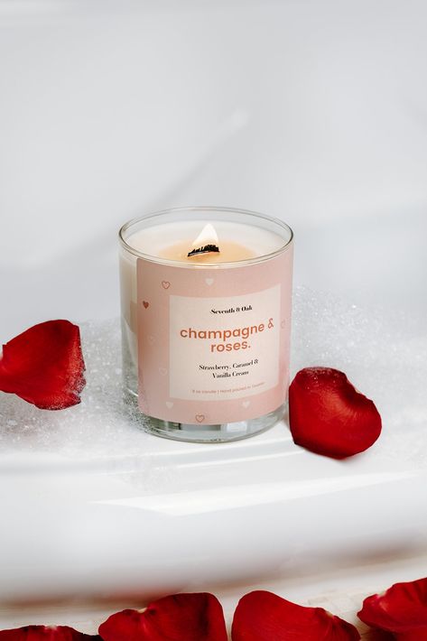 Rose Candle Aesthetic, Feminine Esthetics, Champagne Candle, Roses Candle, Champagne Roses, Candle Photoshoot, Design Candles, Champagne Candles, Woodwick Candle