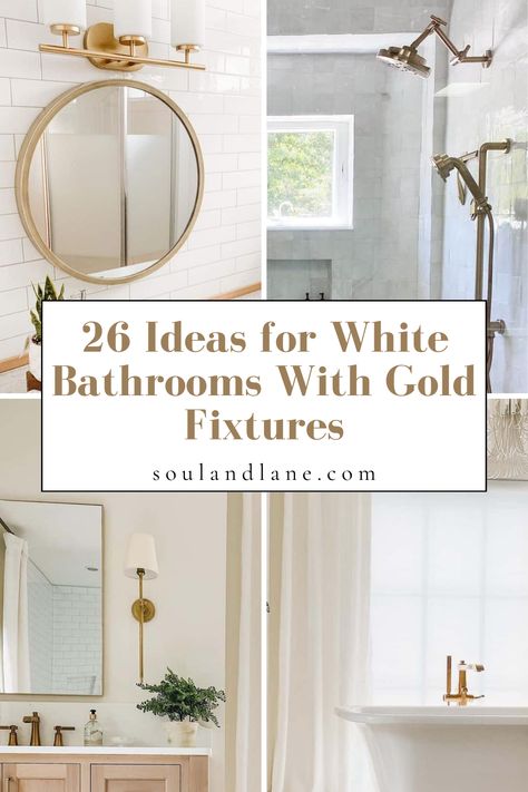 Immerse yourself in sophistication with these ideas of white bathrooms adorned with gold fixtures. The harmonious blend of pristine whites and opulent gold creates a symphony of elegance, turning your bathroom into a sanctuary of luxurious tranquility. Bathrooms With Gold Fixtures, Brushed Gold Bathroom Fixtures, Gold Shower Fixtures, White Marble Tile Bathroom, Gold Bathroom Fixtures, White Subway Tile Shower, Neutral Bathroom Decor, Luxurious Bathtubs, White Bathrooms