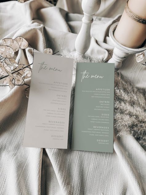 Sage Green Wedding Menu Cards, Sage Green Menu Card, Modern Sage Wedding, Sage Green Wedding Aesthetic, Menu Card Design Wedding, Menu Design Ideas Wedding, Safe Green Wedding, Sage And Emerald Wedding, Olive Green Wedding Ideas