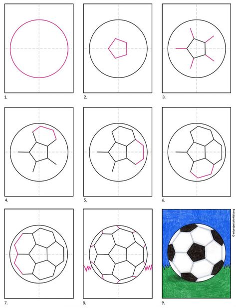 Easy How to Draw a Soccer Ball Tutorial · Art Projects for Kids How To Draw A Soccer Ball Step By Step, How To Draw Soccer Ball, Soccer Ball Ornament Diy, Soccer Arts And Crafts, Soccer Ball Drawing Easy, How To Draw A Soccer Ball, Soccer Drawings Easy, Football Ball Drawing, Draw Soccer Ball