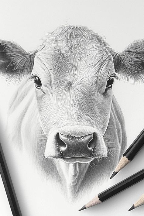 A little sketch of a cow's face, drawn with delicate shading and detailed textures, perfect for animal portrait sketches. Hen Sketch, Animal Pencil Drawings, Cute Cow Drawing, Animal Sketches Easy, Lord Krishna Sketch, Cow Sketch, Little Sketches, Drawing Grid, Sketches Ideas