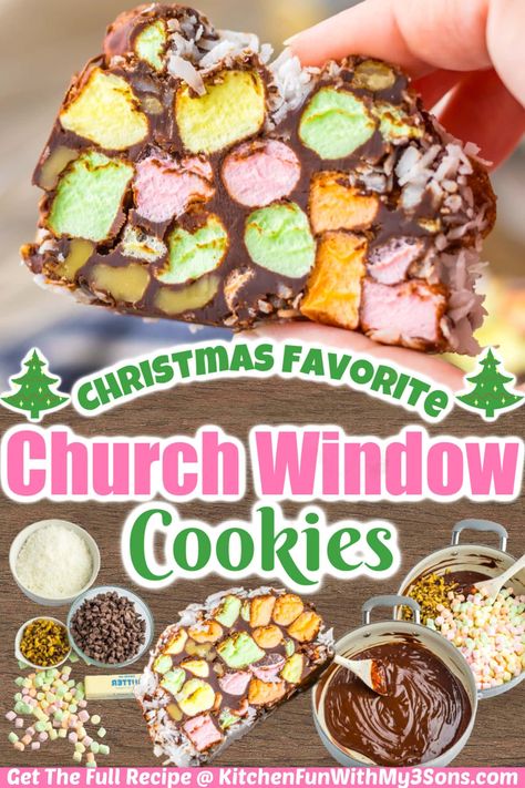 A classic American treat, Church Window Cookies are the perfect no-bake cookie for your Christmas cookie tray. Looking like a stain glass window, these cookies are a tasty combination of chocolate and marshmallows. Stained Glass Window Cookies Christmas, Stain Glass Window Cookies, Church Windows Recipe, Stainglass Cookies Recipe, Church Window Cookies Recipes, Stained Glass Christmas Cookies, Church Window Cookies, Christmas Cookie Tray, Window Cookies