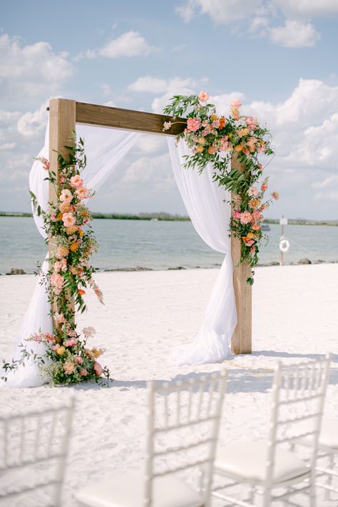 Simple Beach Wedding Table Decor, Tropical Beach Wedding Color Palette, Bride Dress Beach Wedding, Beach Wedding Alter, Beach Ceremony Arch, Beach Wedding Reception Decorations, Beach Wedding Altar, Arch Beach Wedding, Beach Wedding Ceremony Decor