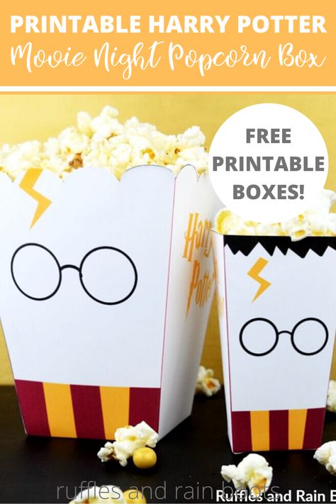 Get these free printable Harry Potter popcorn boxes and take family movie night to the next level. #harrypotter #potterheads #wizardingworld #harrypottermovie #movienight #familymovienight #freeprintable #popcornbox #harrypotterparty #rufflesandrainboots Harry Potter Treats Diy, Harry Potter Birthday Party Ideas Food Free Printables, Harry Potter Box Diy, Harry Potter Night Ideas, Harry Potter Popcorn, Harry Potter Motto Party, Popcorn Box Printable, Free Printable Harry Potter, Harry Potter Weihnachten