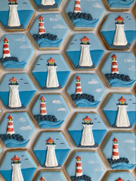 Lighthouse Cookies, 7 Seas, Cookies Ideas, Bridal Shower Cookies, Shower Cookies, Cookie Ideas, Cut Out Cookies, 70th Birthday, Cookie Decorating