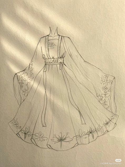 Anatomy Reference With Clothes, Dress Step By Step Drawing, Korean Traditional Dress Drawing, Anime Dress Sketch, How To Draw A Dress Design, Butterfly Dress Sketch, Anime Dress Drawing Sketch, Japanese Clothes Drawing, How To Draw Outfits