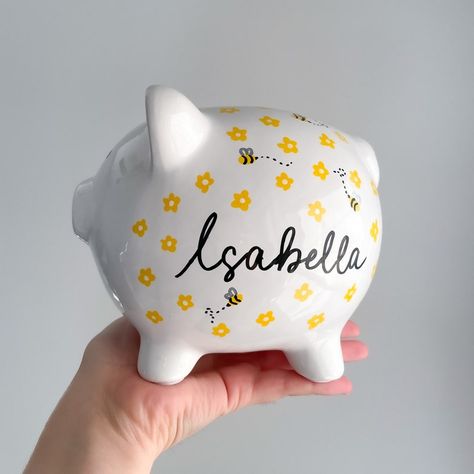 Pottery Painting Ideas Easy, Honey Bee Nursery, Bank For Kids, Bee Nursery, Personalized Piggy Bank, Neutral Accessories, Blue Nursery, This Little Piggy, Piggy Banks