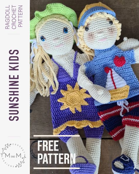 Melly Teddy Ragdoll Sunshine Kids - M and M Crochet Designs Melly Teddy Ragdoll Patterns, Crochet Ragdoll Free Pattern, Crochet People, Mini Amigurumi, M And M, Free Pdf Pattern, Lovey Blanket, Crochet Doll Pattern, Crochet Baby Patterns