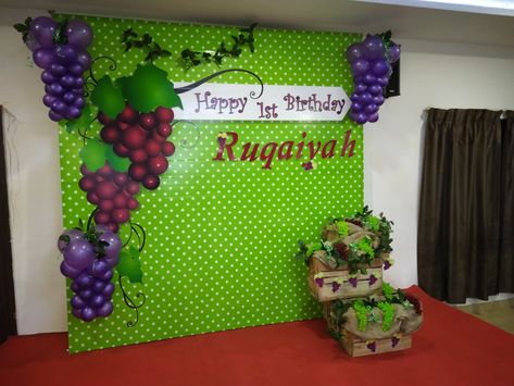 Grape theme birthday backdrop Grape Theme Party Decor, Grape Decorations Party, Grape Vine Decor, Fruit Birthday Party, Grape Decor, Fruit Birthday, Wine Bottle Art, Wine Theme, Baby 1st Birthday