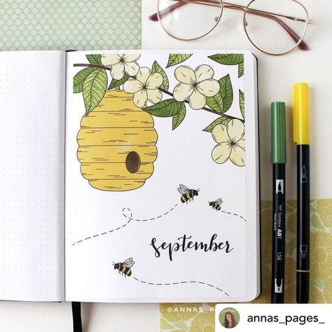 Dot Book Drawing Ideas, Assainment Cover Design, Bees Journal Ideas, Title Page Drawing Ideas, May Planner Theme, Bujo Bee Theme, Yellow Theme Journal, September Journal Ideas, Bee Bullet Journal