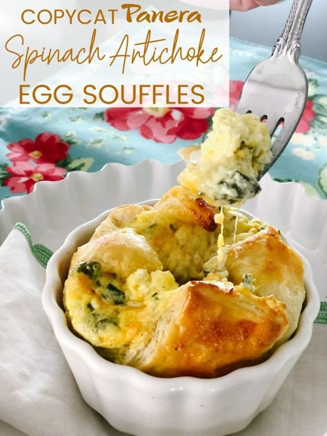 Panera-Inspired Jalapeno Artichoke Egg Souffles | Tatertots & Jello (17 Apr 2019) Spinach Artichoke Souffle, Brunch Recipes Savory, Panera Breakfast, Green Chili Egg Casserole, Egg Souffle, Spinach Souffle, Beautiful Brunch, Spring Time Desserts, Recipes Eggs