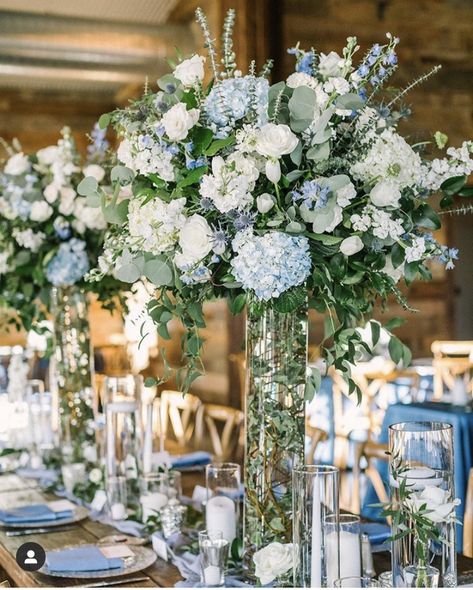 Wedding Tables Blue And White, Wedding Flower Table Arrangements, Blue And Green Wedding, Blue Hydrangea Wedding, Blue Wedding Decorations, Tall Centerpiece, Blue Centerpieces, Blue White Weddings, Light Blue Wedding