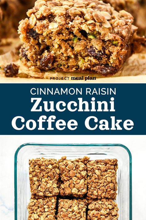 This Cinnamon Raisin Zucchini Coffee Cake is easy to make, seriously delicious, and not-too-sweet! It’s a make-ahead friendly breakfast or snack cake made with rolled oats, raisins, one whole zucchini, and a cinnamon crumb topping! Zucchini Coffee Cake, Cake With Raisins, Oat Crumble, Cinnamon Raisin, Delicious Breakfast Recipes, Crumb Topping, Fun Easy Recipes, Breakfast Meal Prep, Lunch Meal Prep