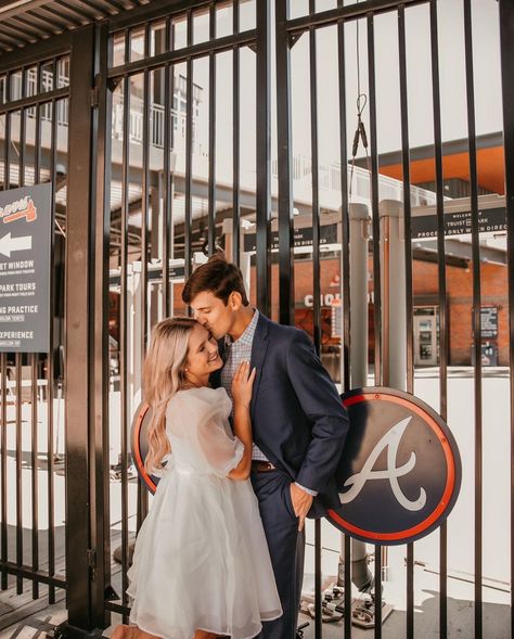 Engagement Photos Baseball Field, Baseball Stadium Engagement Photos, Ballpark Engagement Photos, Football Stadium Engagement Photos, Stadium Engagement Photos, Sports Engagement Photos, Game Photoshoot, Elopement Pics, Baseball Engagement Photos