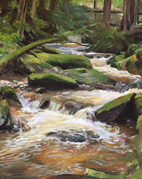 Forest Creek Painting, Creek Painting Acrylic, Creek Drawing, Creek Painting, Stream Painting, Waterfall Drawing, Creek Art, Waterfall Paintings, Waterfall Art