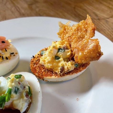 Nashville Hot Deviled Eggs Pickled Jalapeño, Holiday Sides, Nashville Hot, Thousand Island Dressing, Holiday Side Dishes, Chicken Skin, Food Out, Hard Boiled, Deviled Eggs