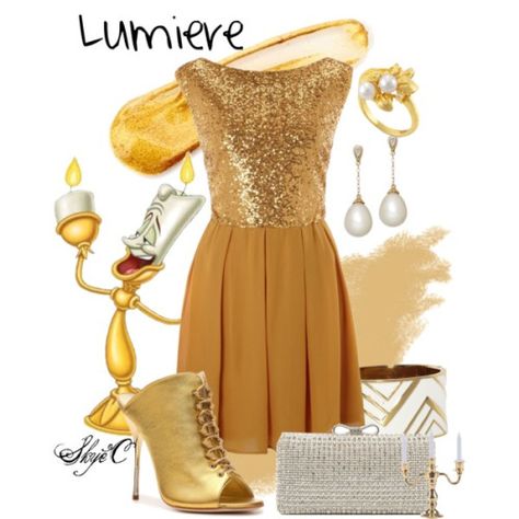 (via Lumiere Party - Disney’s Beauty & the Beast - Polyvore) Lumiere Inspired Outfits, Disney Homecoming, Disney Bound Outfits Casual, Cream Eye Shadow, Disney Outfit, Disney Bounding, Disney Bound Outfits, Disney Inspired Outfits, Gold Outfit