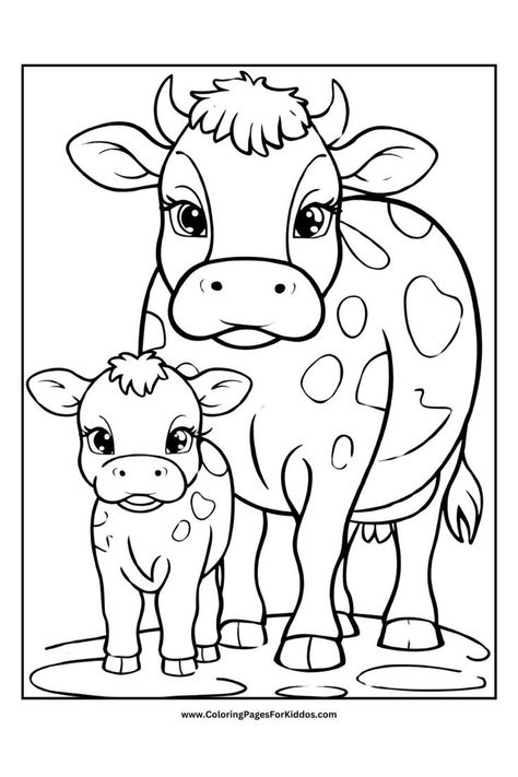 A mother cow and her calf standing side by side, designed for a simple coloring page. Cow Coloring Page Free Printable, Farm Animals Coloring Pages, Printable Cow, Chicken Coloring Pages, Coloring Animals, Cow Coloring Pages, Farm Themed Party, Free Printable Coloring Sheets, Cow Colour