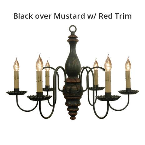 The Anderson House 6-arm country wood chandelier in black over mustard with red trim. Wooden Light Fixtures, Milk Paint Colors, Wood Ceiling Lights, Flameless Tea Lights, Primitive Walls, Primitive Kitchen Pendant Lights & Chandeliers, Wooden Chandelier, Wooden Light, Wood Chandelier