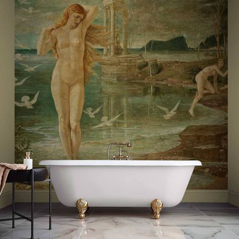 Understated Wallpaper, Crane Mural, Crane Wall Art, Venus Art, Bathroom Mural, Art Hotel, Walter Crane, Birth Of Venus, Opulent Interiors