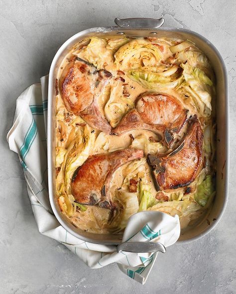 Pork Chops with Bacon and Cabbage - Martha Stewart Recipes sooo delicious. a perfect fall dish! the gravy is amazing!! Bacon And Cabbage, Cabbage Recipe, Cabbage And Bacon, Chops Recipe, Fall Food, Cabbage Recipes, Fall Dinner, Pork Chop, Bacon Recipes