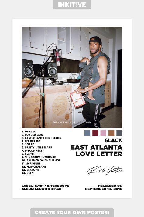 6lack Album Cover, 6lack Poster, 6lack Aesthetic, East Atlanta Love Letter, Playlist Design, Letter Poster, Album Wall, Custom Album Covers, Album Posters